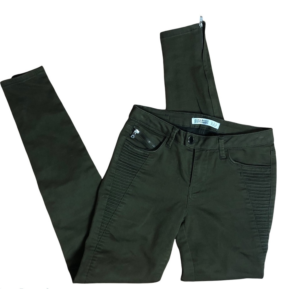 Zara Basic Womens US Size 2 Army Green Skinny Leg Ankle Zip Jeans Pants Moto